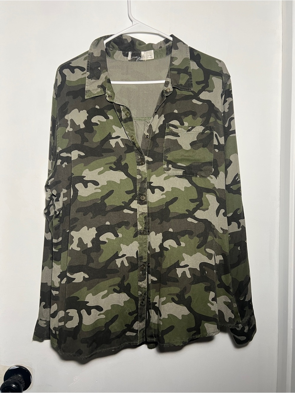 Long sleeve, button front camo shirt